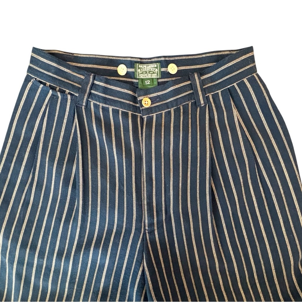 Ralph Lauren Country RARE Vintage High Waist Pinstripe Pleated Trousers Navy 12 - Picture 3 of 14